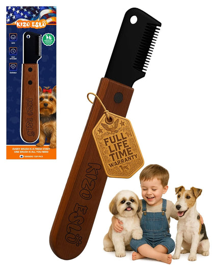KIZO ESLO Dog Dematting Brush & Undercoat Rake for Doodles, Poodles & Long-Haired Pets, Detangling Comb for Thick Curly Coats, Removes Mats, Knots & Tangles, Stainless Steel Teeth with Wooden Handle
