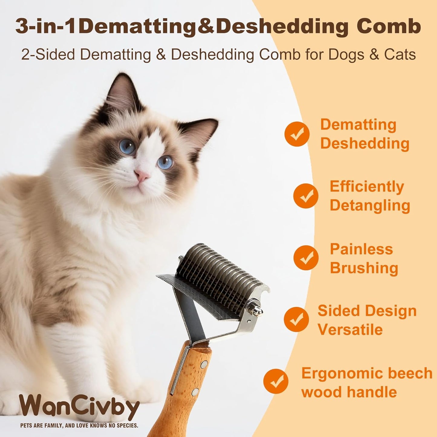 Undercoat Rake Pet Brush with Square Handle, Premium Dematting Comb & Cat Dog Shedding Tool, Efficient Grooming Brush for Detangling Mats & Loose Fur, Ideal for Large Medium Small Dogs and Cats