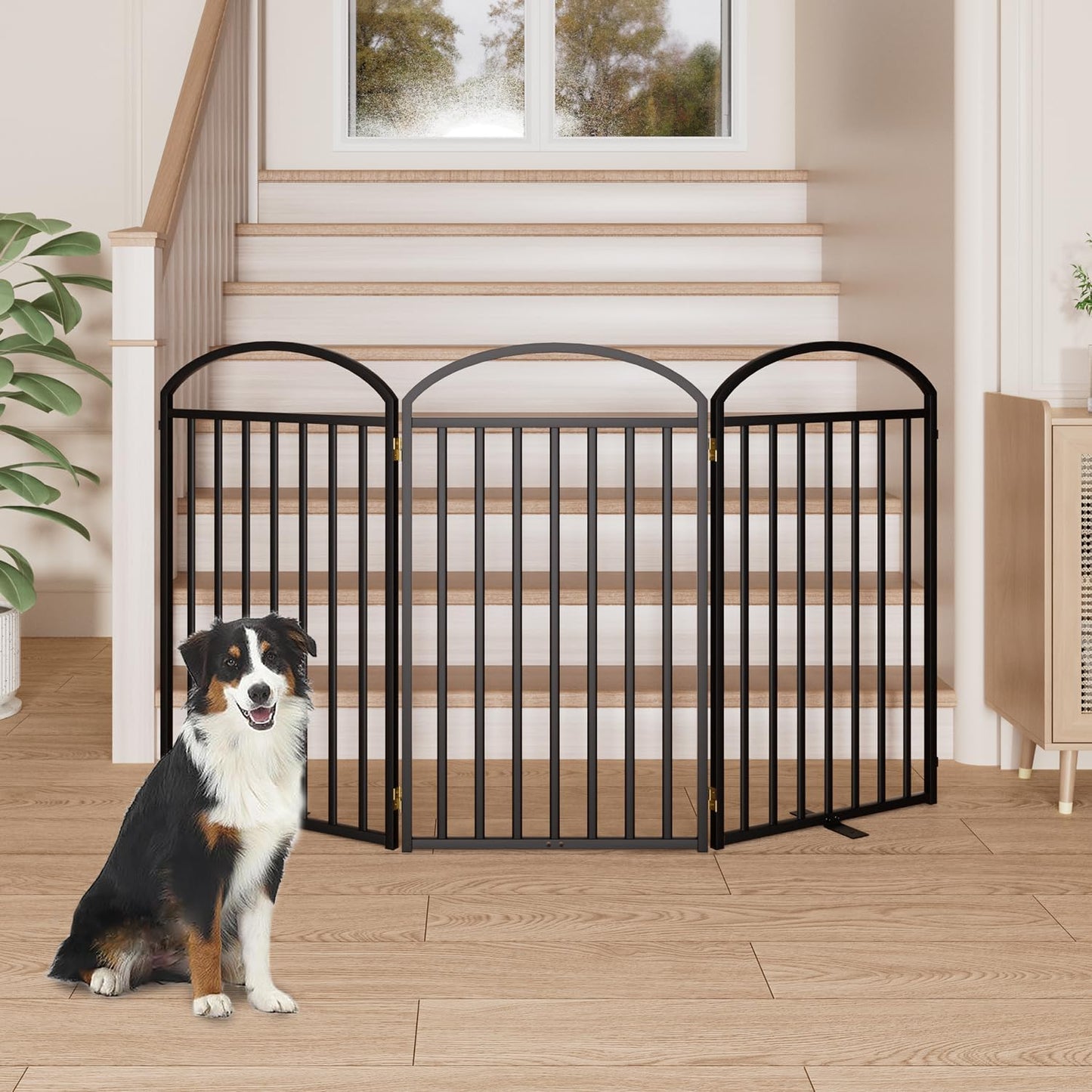 SNUOWU 4 Panels Full Matel Freestanding Dog Gates with Door, 96"Extra Wide 32"Tall Free Standing Dog Pet Gate for Indoor & Outdoor. Foldable Pet Fences for Doorways, House, Stairs, Porch, Deck, Yard
