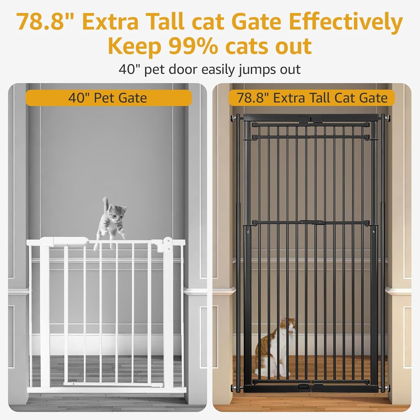 78.8" Extra Tall Cat Gate, 28.3-33" Wide Safety Metal Cat Door, Pressure Mounted Easy Walk Through Pet Gate with Door for Stairs, Doorways, Black