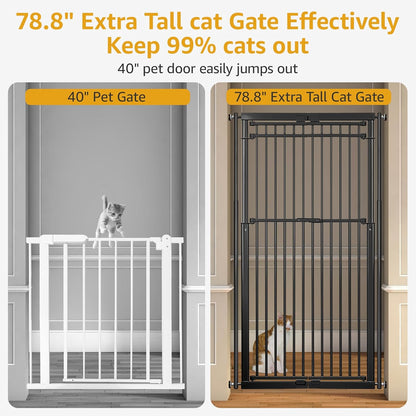 78.8" Extra Tall Cat Gate, 28.3-33" Wide Safety Metal Cat Door, Pressure Mounted Easy Walk Through Pet Gate with Door for Stairs, Doorways, Black
