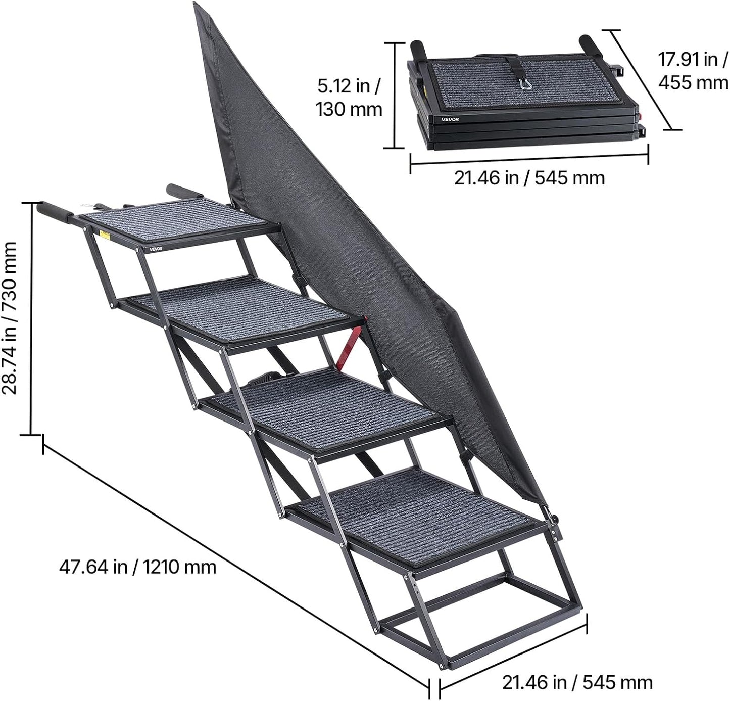 VEVOR Dog Stairs for Car, 4 Steps Extra Wide Foldable Dog Ramp for Large Dogs with Non-Slip Rug Surface, Portable Lightweight Pet Ladder for Car, SUV, Truck, High Beds, Sofas, Support up to 400 lbs