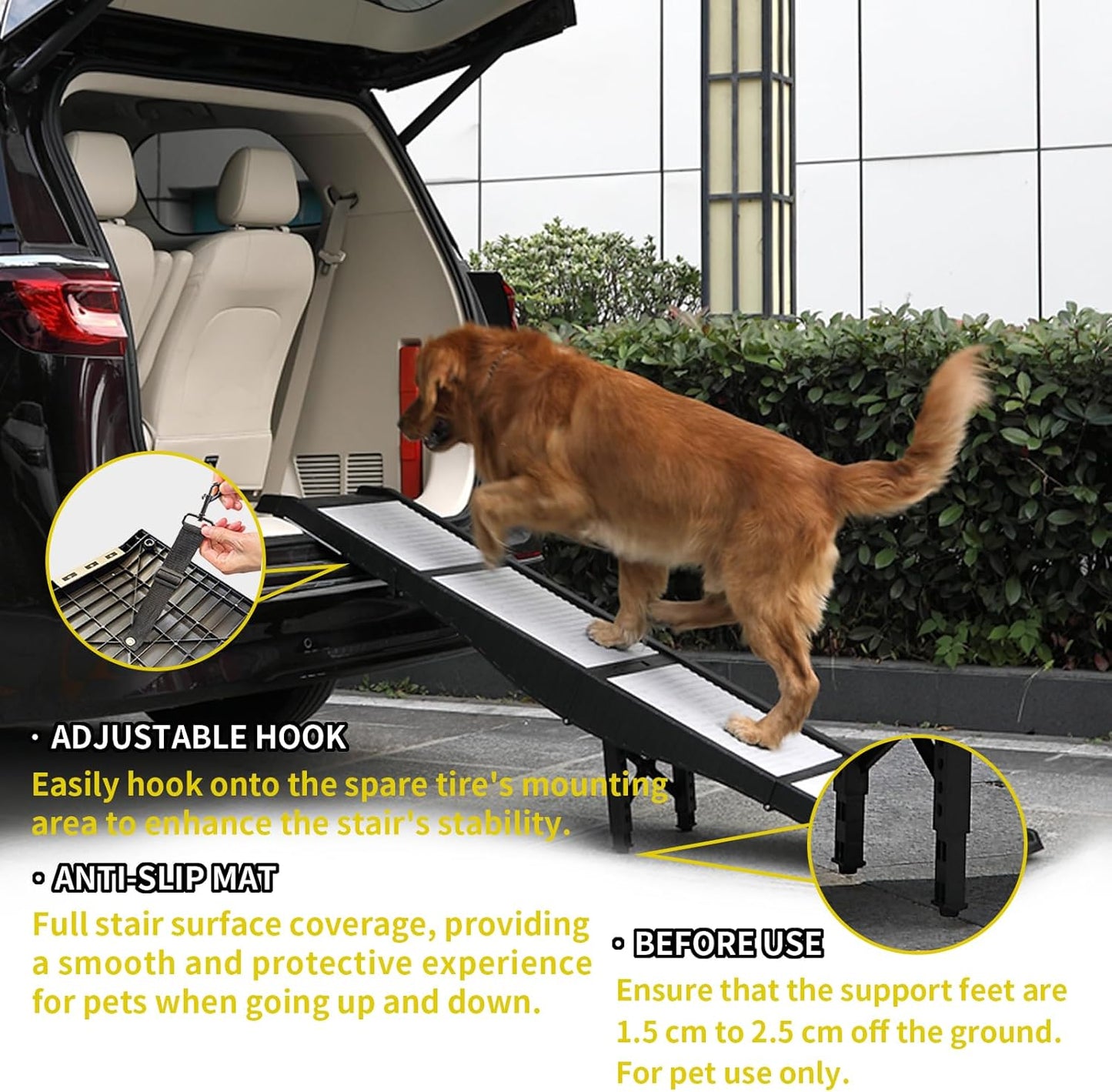 Foldable Dog Ramp for Cars, 8 Adjustable Heights Pet Ramp with Support Legs, Non-Slip & Easy to Clean Portable Dog Ramp, Supports 220 lbs, Foldable to Carry-On Size, Ideal for Large Dogs