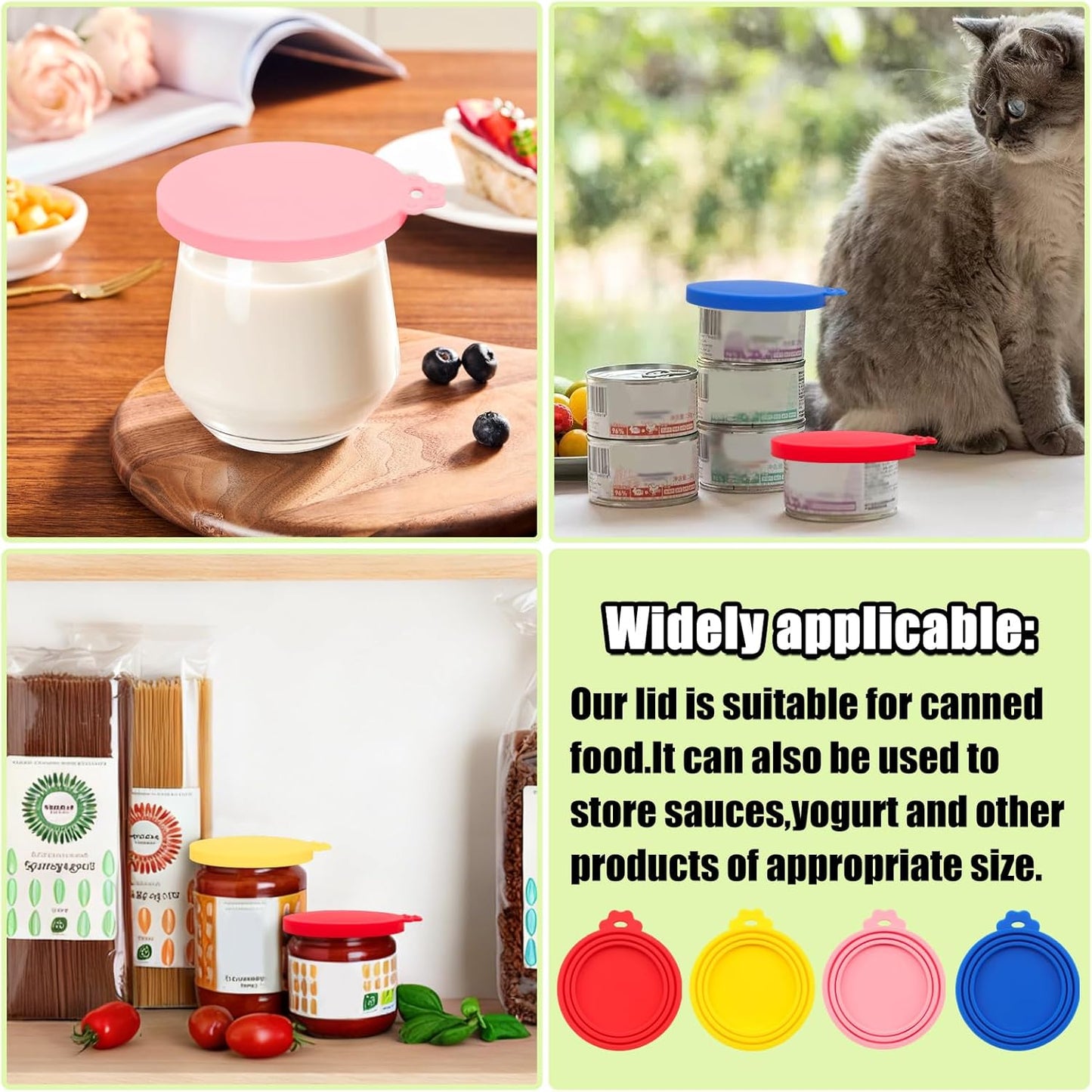 PINE & LINEN 4 Pcs 2.5inch Durable Pet Can Lids, Silicone Small Pet Can Covers Waterproof Cat Food Cans Lids for 3 oz Cat Food Cans（Yellow+Red+Pink+Blue）