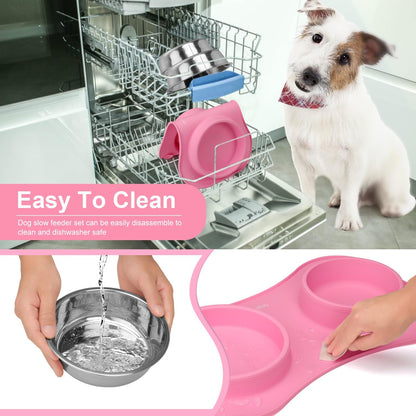 Anipaw Slow Feeder Dog Bowls 3 in 1 Stainless Steel Food and Water Bowls with Non-Spill and Skid Silicone Mat to Slow Down Eating for Large Medium Small Breed Size Dogs and Cats