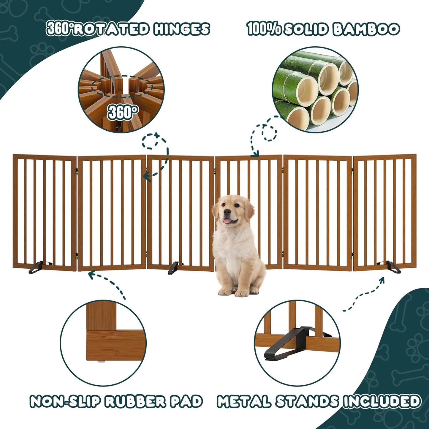 Freestanding Dog Gates Indoor, 3-Panel Pet Gates with 2 Metal Stands and 360° Hinge, 24" H Foldable Dog Gate for Stairs, Doorway, Kitchen, Expands Up to 55" Fully Assembled - Black Walnut