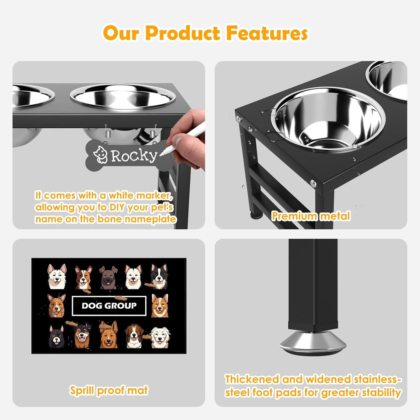ADENGL Metal Raised Dog Bowl, 10" Tall Elevate Dog Feeder Stand with 2 Stainless Steel 42oz Bowls & 16x24 Non-Slip Mat – Stronger Dogs Food & Water Bowl Stand (Black)