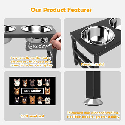 ADENGL Metal Raised Dog Bowl, 10" Tall Elevate Dog Feeder Stand with 2 Stainless Steel 42oz Bowls & 16x24 Non-Slip Mat – Stronger Dogs Food & Water Bowl Stand (Black)