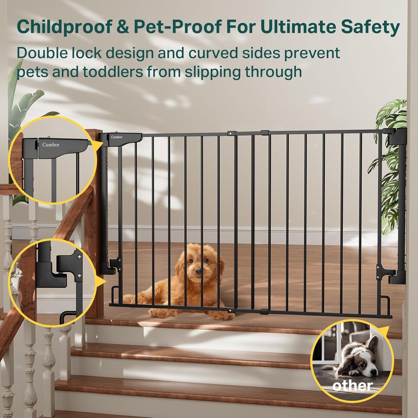 Cumbor 29.2–43" Baby Gate for Stairs, Hardware Mounted (Drill Required), Expandable No Bottom Bar Dog Gate, Auto Close Extra Wide Walk Thru, Pet & Toddler Proof Gate, Top & Bottom of Stairways(Black)