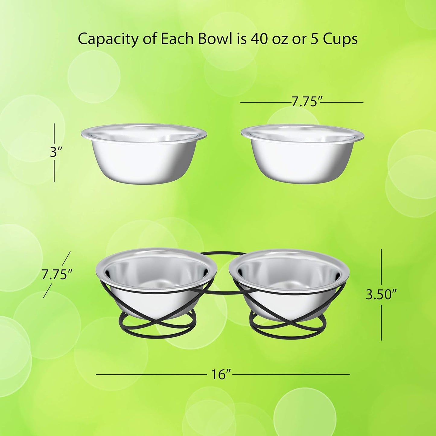 Set of 2 Stainless Steel Dog Bowls - 40oz Pet Bowls with Decorative Dog Food Stand - Metal Food and Water Dishes for Large Pets - Puppy Essentials by PETMAKER (Silver/Black)