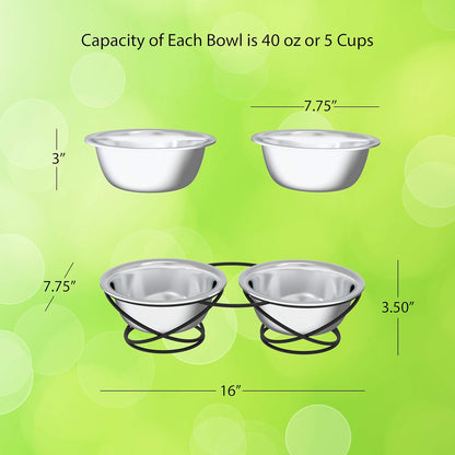 Set of 2 Stainless Steel Dog Bowls - 40oz Pet Bowls with Decorative Dog Food Stand - Metal Food and Water Dishes for Large Pets - Puppy Essentials by PETMAKER (Silver/Black)