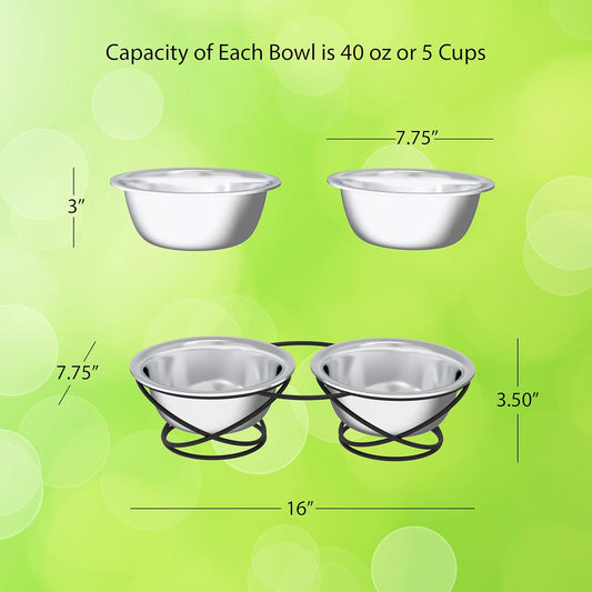 Set of 2 Stainless Steel Dog Bowls - 40oz Pet Bowls with Decorative Dog Food Stand - Metal Food and Water Dishes for Large Pets - Puppy Essentials by PETMAKER (Silver/Black)