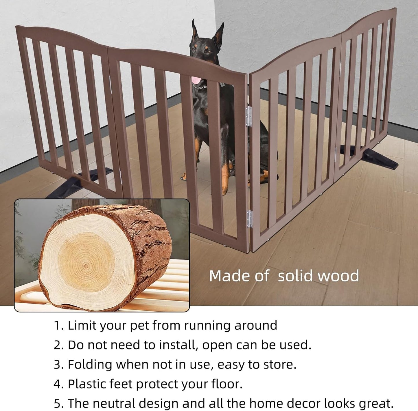 ZJSF Foldable Freestanding Indoor Dog Gate for House Wood White Long Pet Gates Dog Fence for Stairs Puppy Gates for Hallways,Pet Fence, Puppy Gate,Support Feet Included 24 "Height-3 Panels