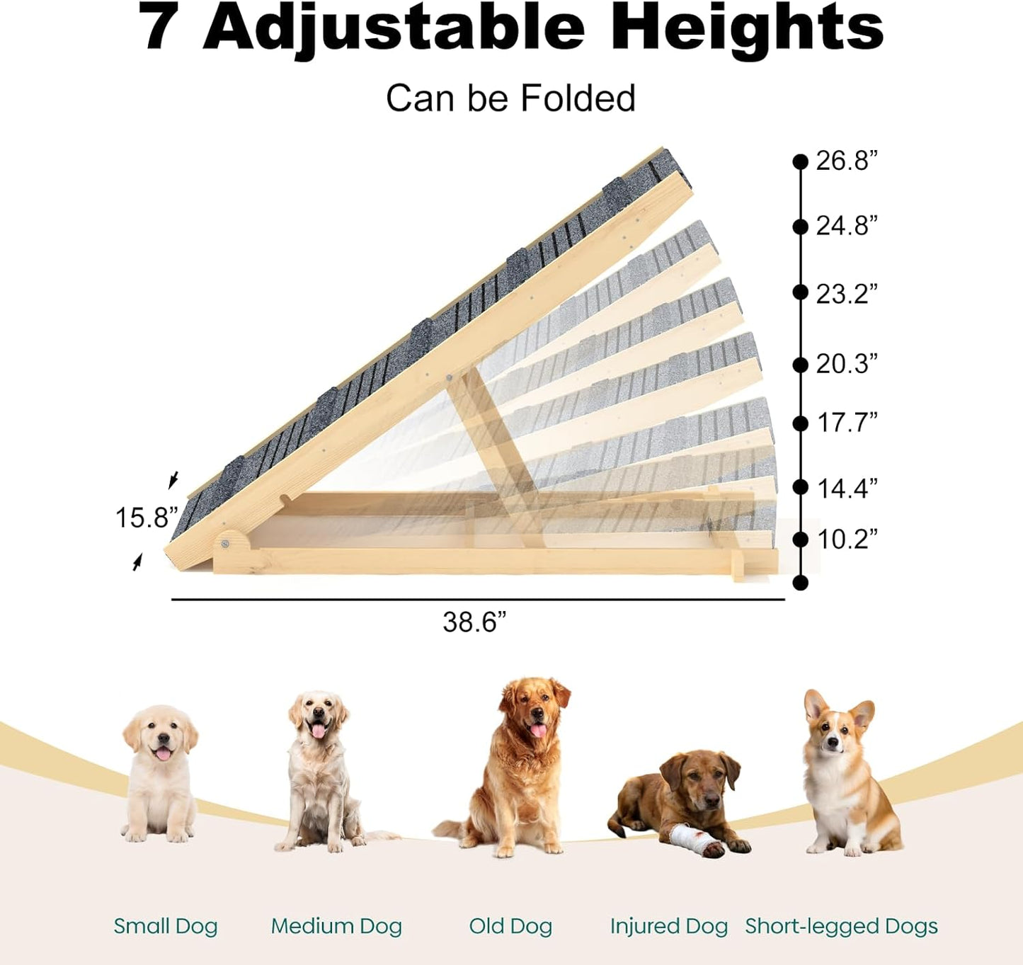TIMHAKA Dog Ramp for Bed, 40 Inch Dog Ramp for Couch, Supports Up to 150lbs, with 10.2" to 26.8" 7 Height Setting, Non Slip Carpet Surface and Foot Pads, Wooden Folding Pet Ramps for High Bed, Sofa
