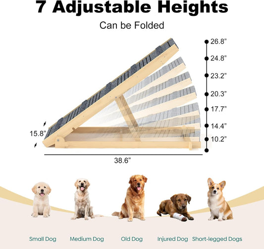 TIMHAKA Dog Ramp for Bed, 40 Inch Dog Ramp for Couch, Supports Up to 150lbs, with 10.2" to 26.8" 7 Height Setting, Non Slip Carpet Surface and Foot Pads, Wooden Folding Pet Ramps for High Bed, Sofa