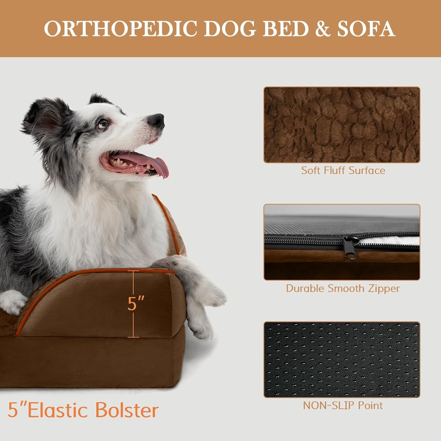 Comfort Expression Orthopedic Dog Bed for Extra Large Dogs 42x30 Inch, Waterproof Egg Crate Foam XL Pet Bed with Removable Bolsters, Dog Couch with Washable Cover & Non-Slip Bottom, Grey - Colors A