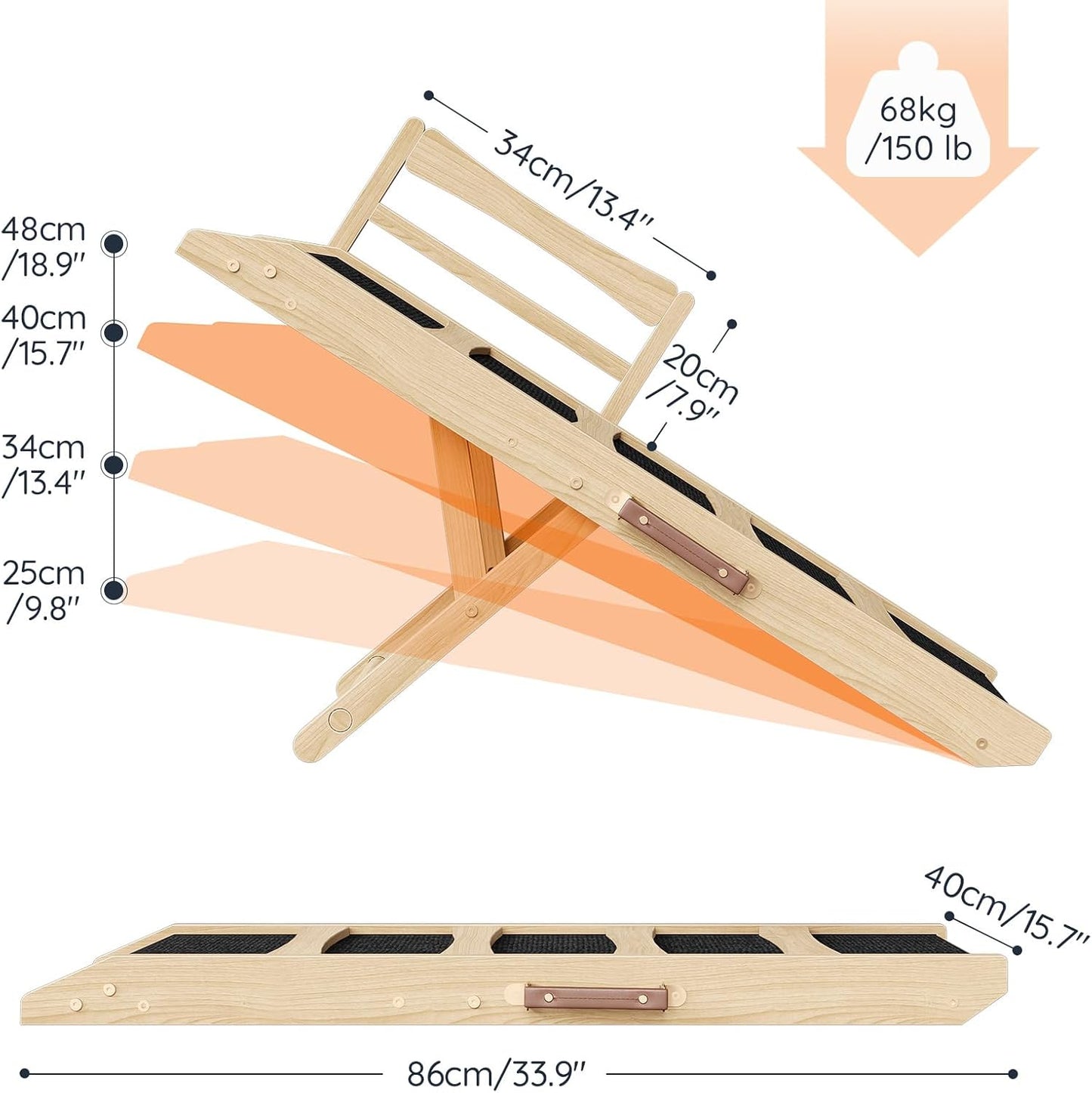 HOOBRO Dog Ramp for Bed, 15.7" Width Folding Pet Ramp with Guardrail and Non-Slip Mat, Dog Ramp for Couch, 4-Level Adjustable from 9.8" to 18.9", for Small Dogs, Natural and Black NB48PT03
