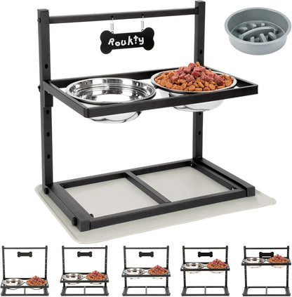 ADENGL Metal Raised Dog Bowl, 10" Tall Elevate Dog Feeder Stand with 2 Stainless Steel 42oz Bowls & 16x24 Non-Slip Mat – Stronger Dogs Food & Water Bowl Stand (Black)