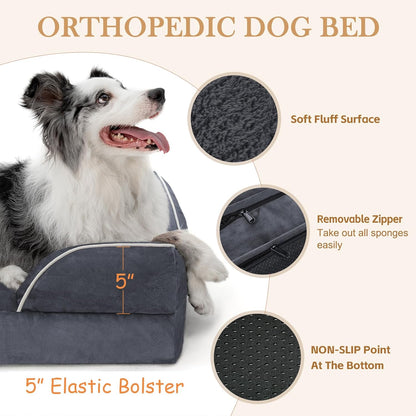 Comfort Expression Orthopedic Dog Bed for Extra Large Dogs 42x30 Inch, Waterproof Egg Crate Foam XL Pet Bed with Removable Bolsters, Dog Couch with Washable Cover & Non-Slip Bottom, Grey - Colors A