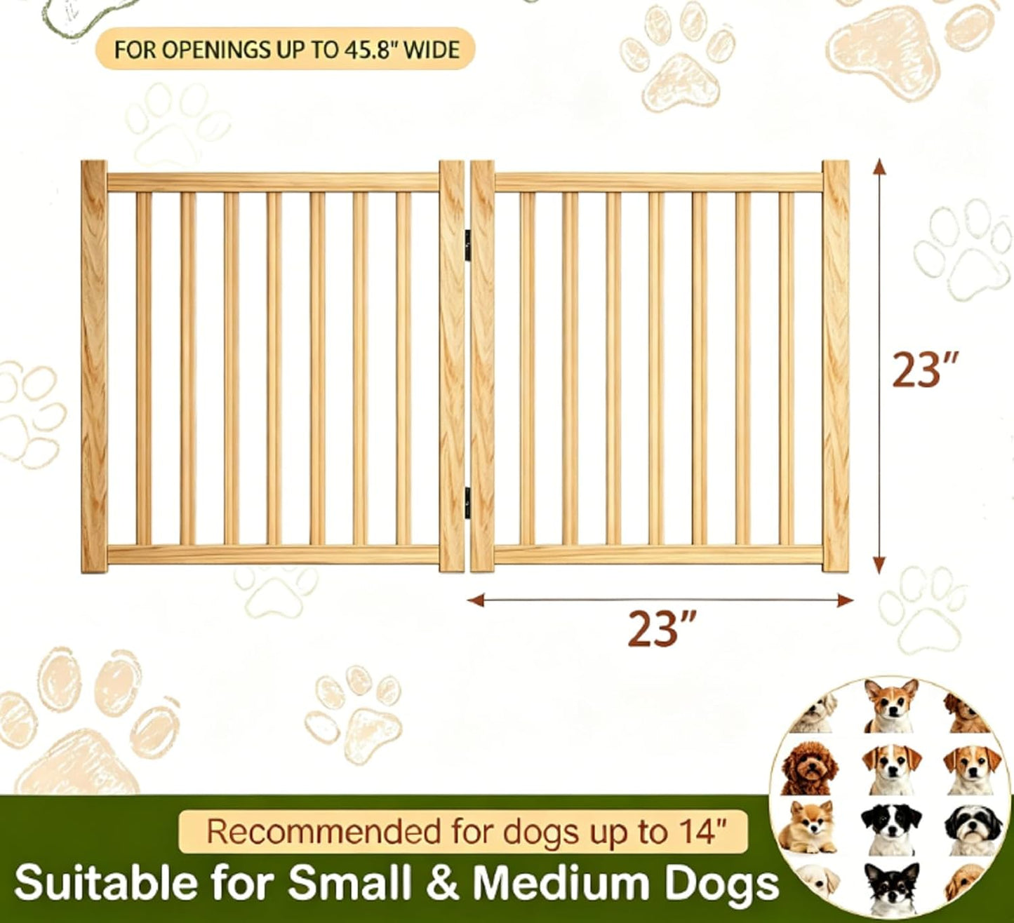 Wooden Freestanding Dog Gates,23" H Foldable Wood Pet Gate Indoor, No-Painted Puppy Gate for Doorways, Stairs, 23" Height-2 Panels