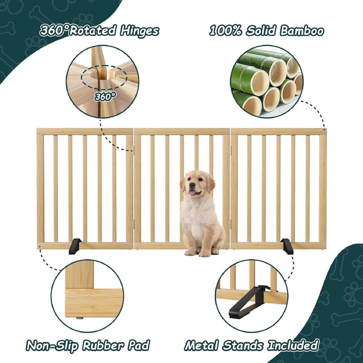 Freestanding Dog Gates Indoor, 3-Panel Pet Gates with 2 Metal Stands and 360° Hinge, 24" H Foldable Dog Gate for Stairs, Doorway, Kitchen, Expands Up to 55" Fully Assembled - Black Walnut