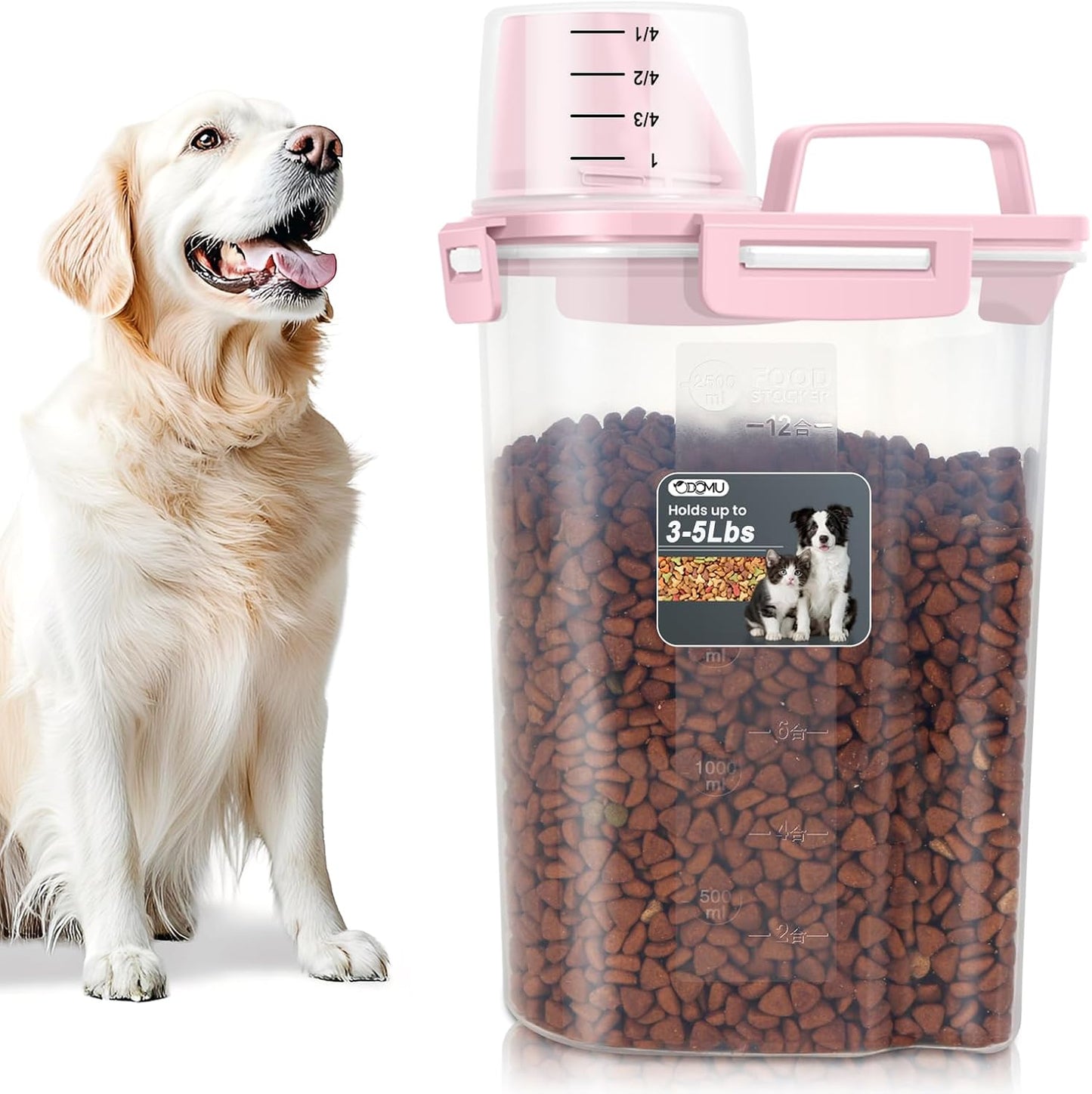 Dog Cat Food Storage Container, Pet Food Container Airtight with Large Spout & Cup, BPA-Free Plastic Food Dispenser for Pet Food, Bird Seed, Rice, Flour - Pink 2.5-5lb (1 pack)