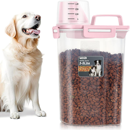Dog Cat Food Storage Container, Pet Food Container Airtight with Large Spout & Cup, BPA-Free Plastic Food Dispenser for Pet Food, Bird Seed, Rice, Flour - Pink 2.5-5lb (1 pack)