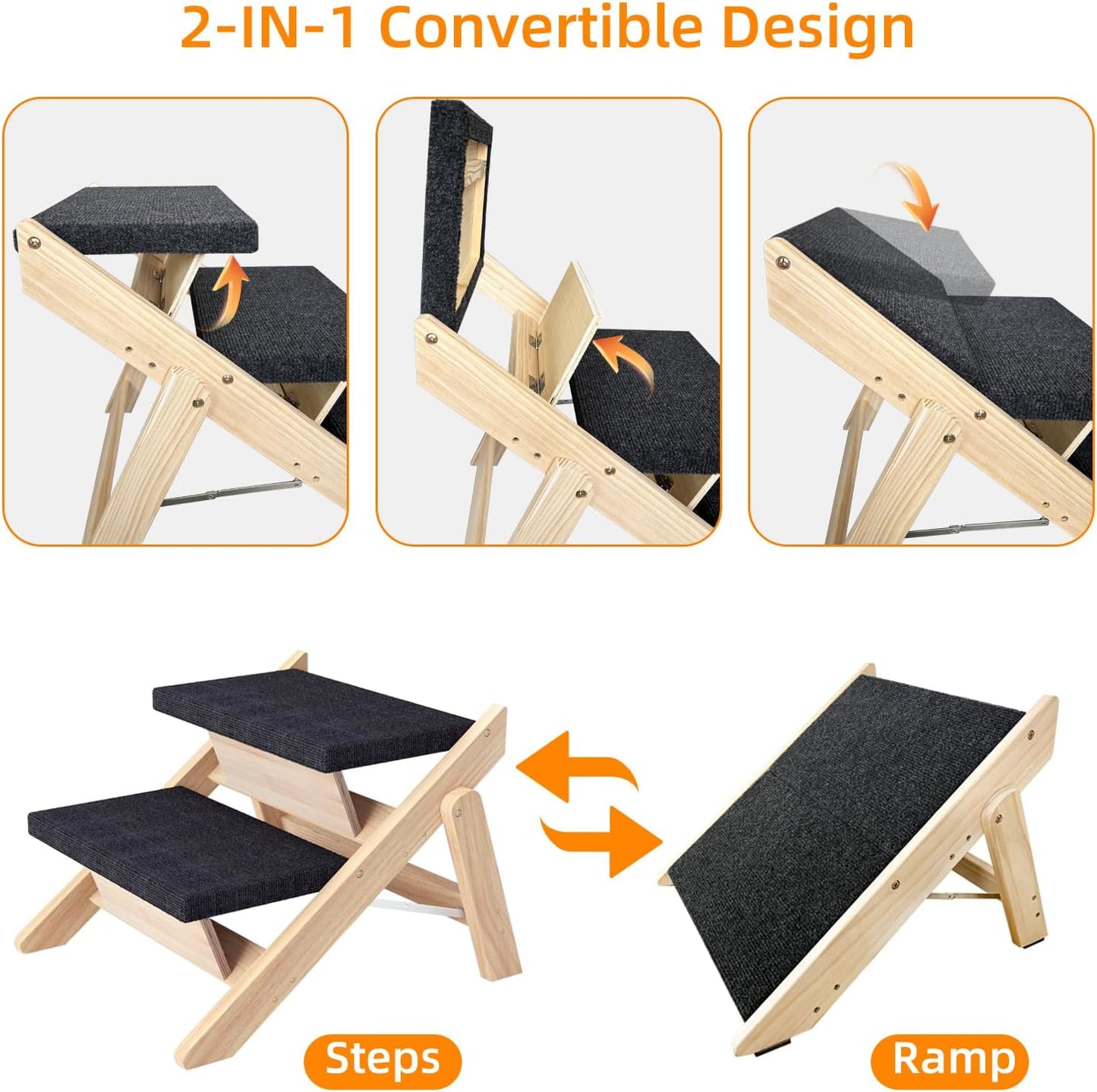Dog Stairs/Ramp for Bed, Wooden 2-in-1 Foldable Pet Stairs & Ramp, Portable Dog Ladder Up to 180 Pound for Elderly/Short-Legged Dogs, 4 Steps for Beds, Couch, Cars