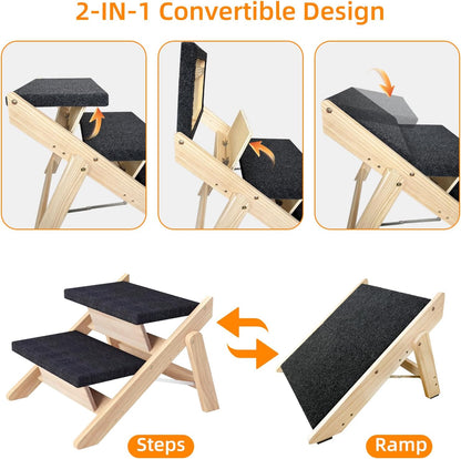 Dog Stairs/Ramp for Bed, Wooden 2-in-1 Foldable Pet Stairs & Ramp, Portable Dog Ladder Up to 180 Pound for Elderly/Short-Legged Dogs, 4 Steps for Beds, Couch, Cars