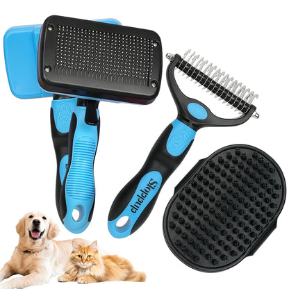 Blue Pet Grooming Kit 3Pcs Self-Cleaning Slicker Brush for Dogs&Cats Double-Sided Dematting&Deshedding Comb Dog Bath Massage Brush Professional Grooming Tools for Short&Long Hair Pets