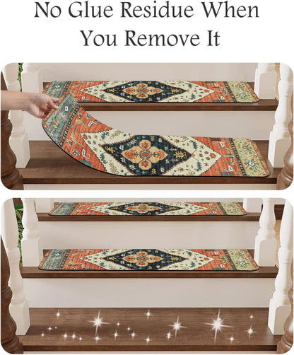 OJIA Non-Slip Carpet Stair Treads for Wooden Steps Set of 15, 30''X8'' Indoor Runner Resistant Rugs Rubber Safety Mats for Dogs, Kids & Elders, Stairway Grip