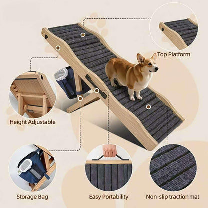 2026 Upgraded Dog Ramp for Couch & Low Bed, 33" L Folding Wood Pet Ramp 200LB Capacity, 4-Level Adjustable Height 11"-20", Non-Slip Sturdy Puppy Ramp for Small & Senior Dogs, Joint Relief, Wavy Design