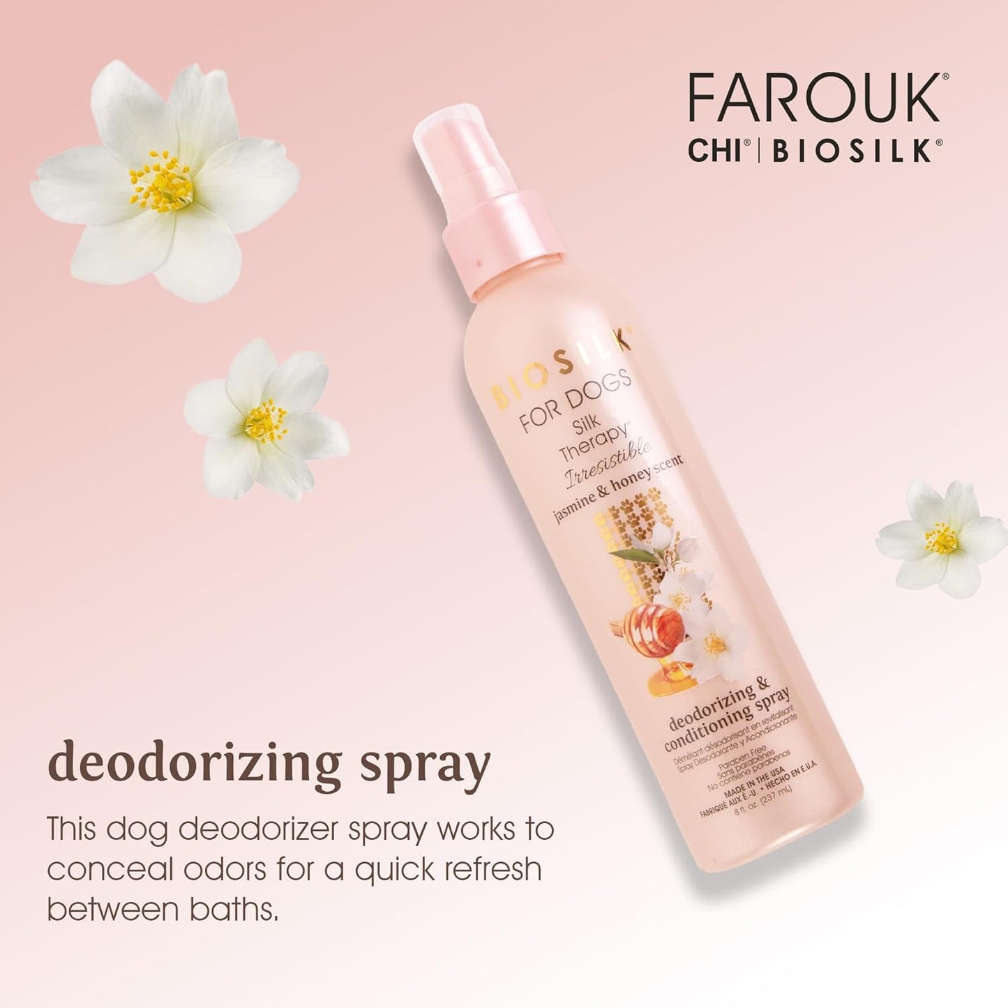 BioSilk for Dogs Silk Therapy Irresistible Detangling and Shine Spray, Jasmine and Honey Scent, Hydrolyzed Silk Proteins, Paraben Free, pH Balanced for Dogs, Safe for Dogs 8 Weeks+, 8 fl oz