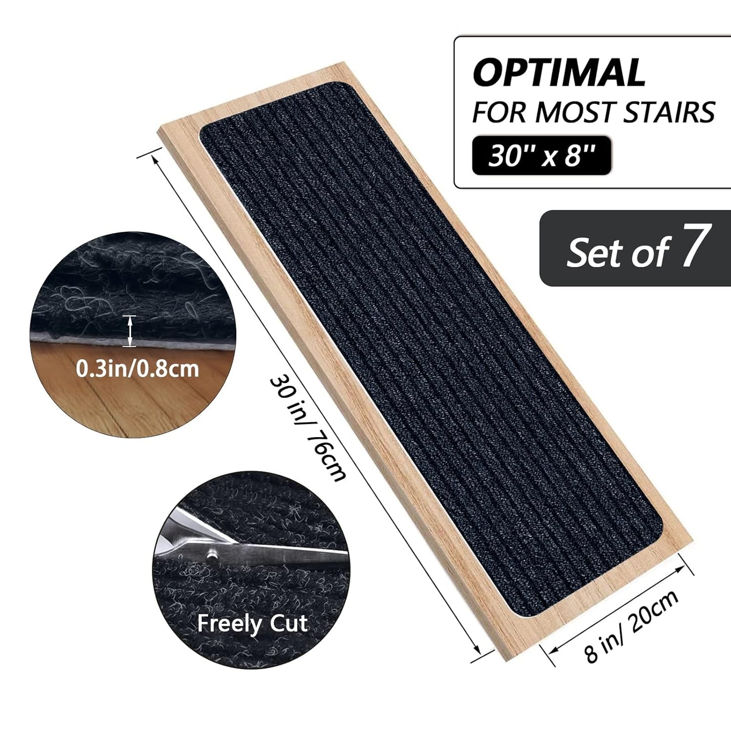 Stair Treads for Wooden Steps Carpet, Non-Slip Stair Runner Indoor Outdoor Stair Tread Mats Covers Pads, 19" x 31"Matching Landing Step Runner for Elders, Kids and Dogs (19" x 31", Black)