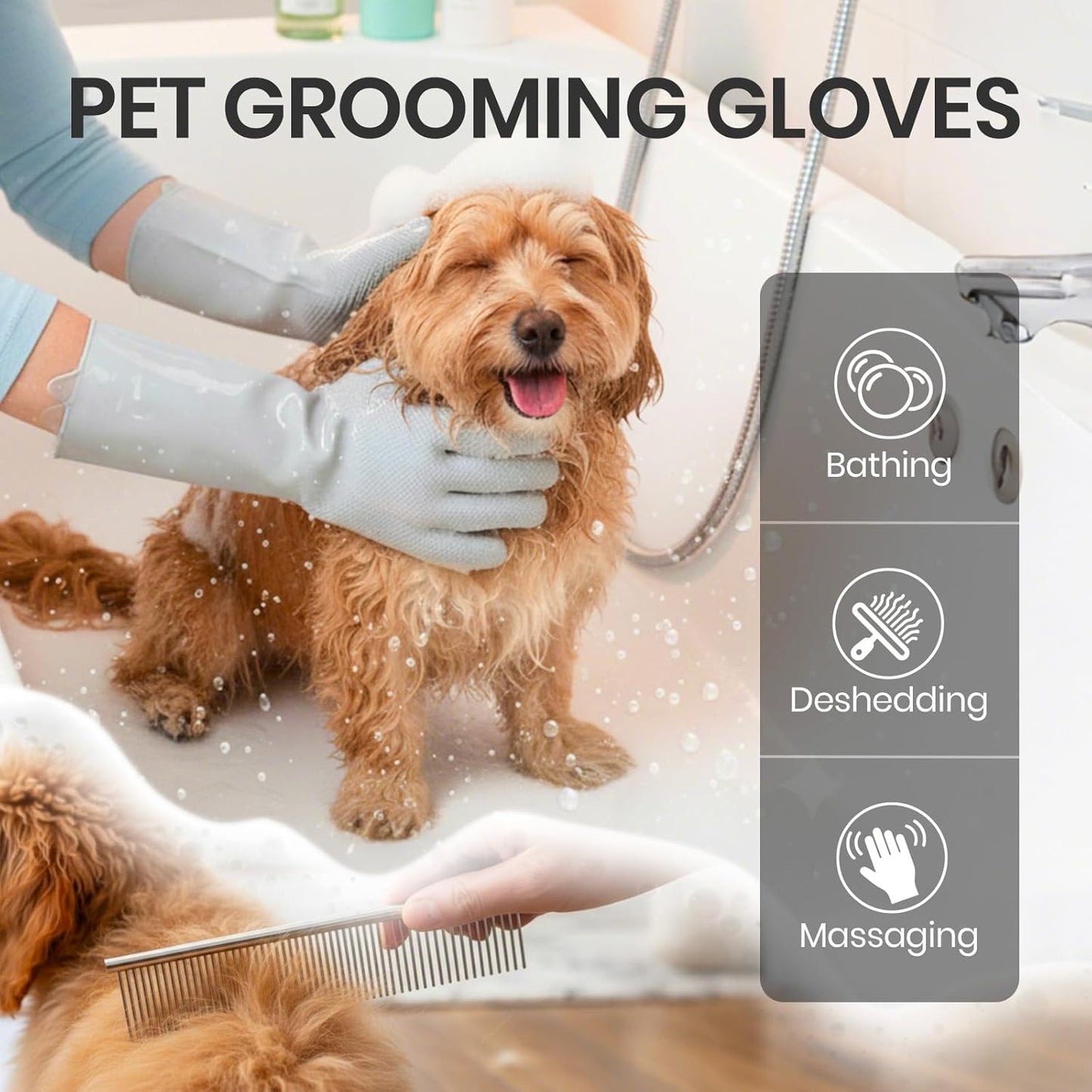 DELOMO Pet Grooming Gloves 1 Pair: Soft and Gentle Silicone Dog Washing Gloves - Bathing Scrubber Brush Mitt Grooming Shedding Fur Removal Massage for Dogs/Cats/Horse, Purple