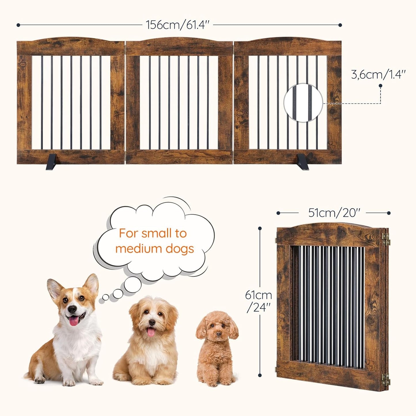 HOOBRO Indoor Dog Gate with Support Feet, Freestanding Pet Gate for Doorway, Stairs, 31.5 Inch 3 Panels, Folding Dog Fence, 360° Hinge for Easy Access, Sturdy Iron Pipe, Rustic Brown BF06PP03