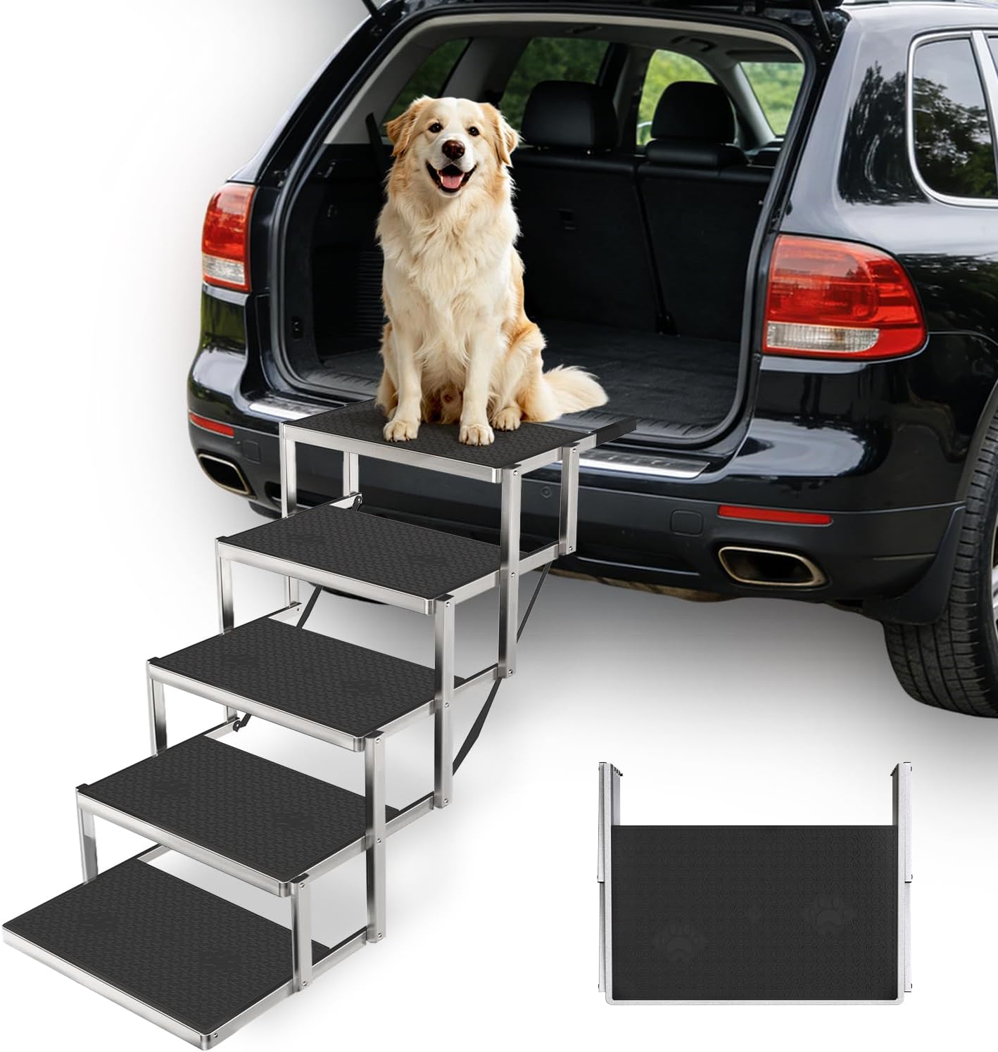 Dog Steps for Car & SUV – 5-Step Foldable Pet Stairs for Large Dogs, Non-Slip Heavy-Duty Plastic Dog Stairs, Lightweight & Portable Vehicle Access, Great Alternative to Dog Ramp for Truck
