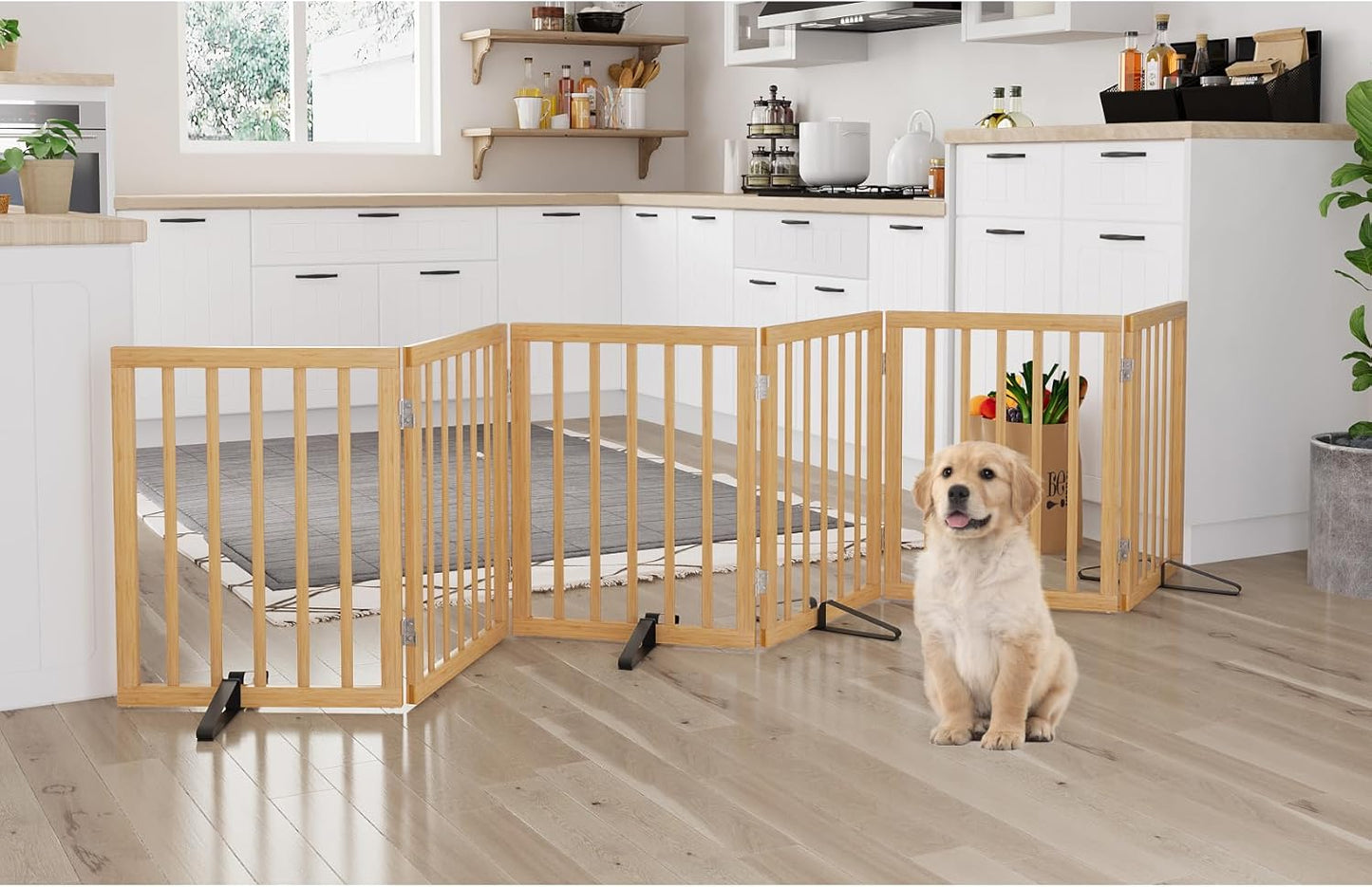 Freestanding Dog Gates Indoor, 3-Panel Pet Gates with 2 Metal Stands and 360° Hinge, 24" H Foldable Dog Gate for Stairs, Doorway, Kitchen, Expands Up to 55" Fully Assembled - Black Walnut