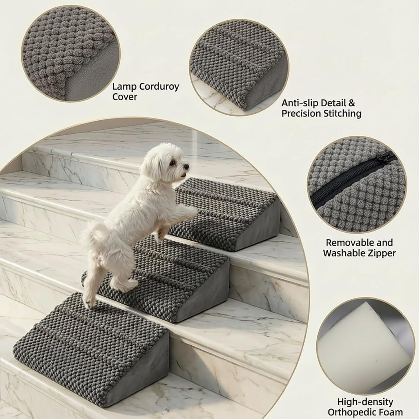 Dog Ramp for Stairs - Dog Steps-Anti-Slip Foam Stair Wedges for Small & Senior Dogs,Gentle Slope Pet Steps with Washable Corduroy Cover, Self-Sticky Pads for Safe Climbing (Gray,2-Pack)