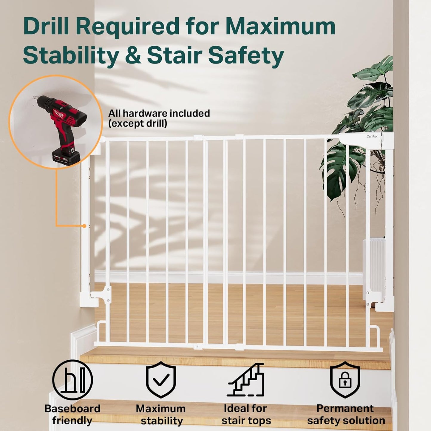 Cumbor 29.2–43" Baby Gate for Stairs, Hardware Mounted (Drill Required), Expandable No Bottom Bar Dog Gate, Auto Close Extra Wide Walk Thru, Pet & Toddler Proof Gate, Top & Bottom of Stairways(Black)