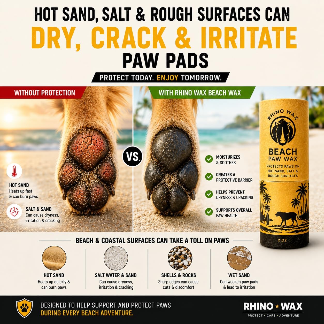 Rhino Wax - Dog Paw Protector for Hot Pavement - Use Street Wax Before Taking Dogs on Asphalt - Balm Protects from Warm Surfaces Rocks Road Debris - Great for Dogs who Hate Dog Shoes for Hot Pavement