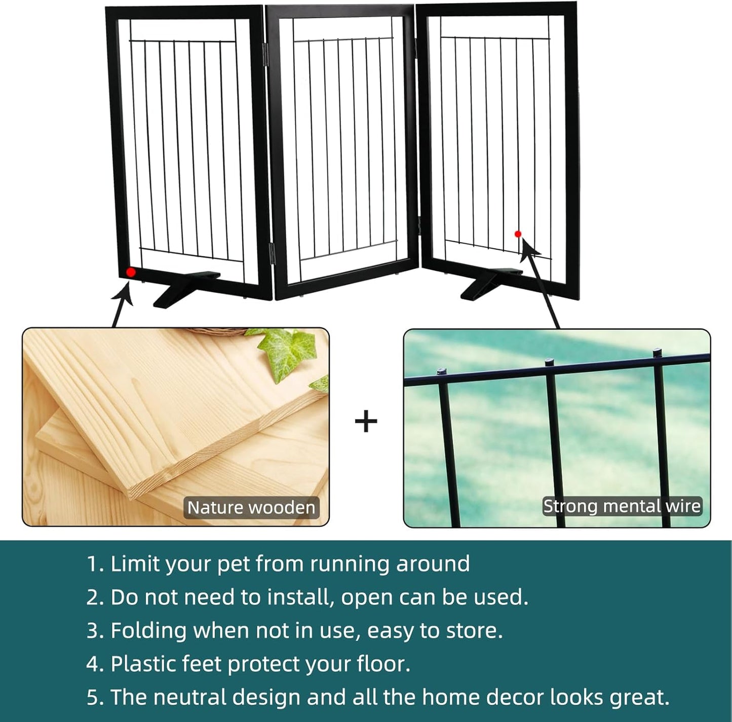 ZJSF Freestanding Dog Gate Indoor, Foldable Dog Fence for Doorways,Hallways or Stairs, Sturdy Wood Extra Wide Pet Gate with Support Feet,Black,24 "Height-3 Panels