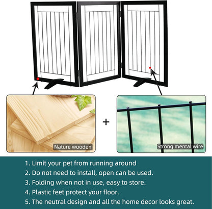ZJSF Freestanding Dog Gate Indoor, Foldable Dog Fence for Doorways,Hallways or Stairs, Sturdy Wood Extra Wide Pet Gate with Support Feet,Black,24 "Height-3 Panels