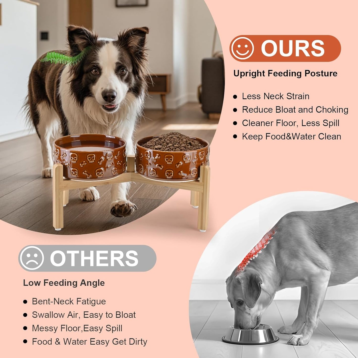 SPUNKYJUNKY Elevated Dog Bowls Ceramic, 6.1'' Dogs and Cat Food Water Bowls Raised with Non-Slip Bamboo Stand for Medium Sized Breed Microwave Dishwasher Safe - 28.7 OZ,Beige