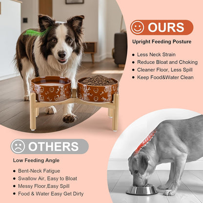 SPUNKYJUNKY Elevated Dog Bowls Ceramic, 6.1'' Dogs and Cat Food Water Bowls Raised with Non-Slip Bamboo Stand for Medium Sized Breed Microwave Dishwasher Safe - 28.7 OZ,Beige