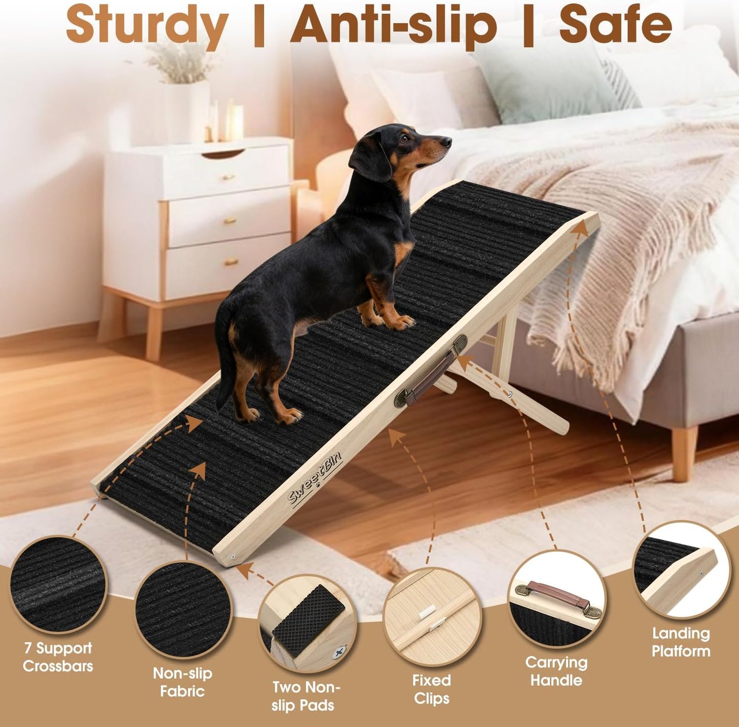 2026 Upgraded Dog Ramp for Couch - Foldable Small Dog Ramp for Bed - 4 Adjustable Height from 12" to 20" - Portable Pet Stairs with Non-Slip Pad - Pet Ramps Use for Low Bed Couch Steps Up to 60LBS