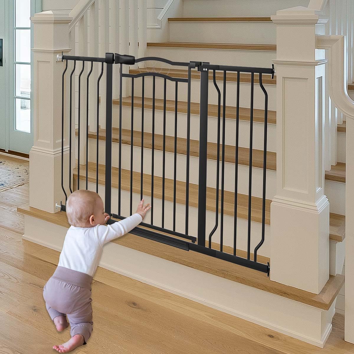 Fairy Baby 62.5"-71.6" Extra Wide Baby Gate Pressure Mount, Long Large Dog Gate Indoor Doorways Stairs, No Drill Safety Child Gate for Kids with Double Lock, Walk Thru Pet Gate for Puppy Doggy, Black
