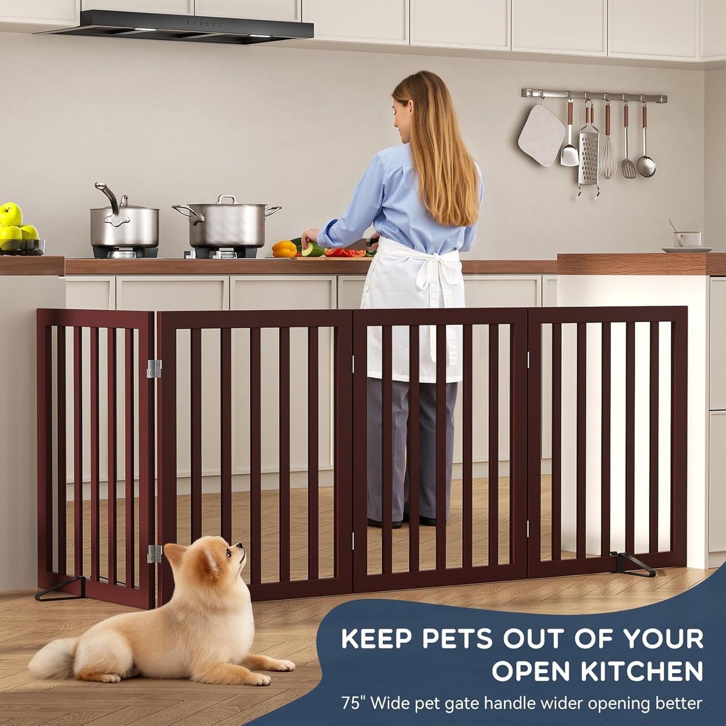 Homykic Bamboo Freestanding Dog Gate, No Assembly Pet Gate Indoor, 24”H x 75”W Extra Wide Foldable Puppy Fence with Support Feet for the House, Doorways Stairs, 4 Panels, No Drilling, Espresso