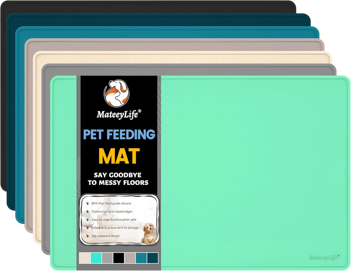 MateeyLife Silicone Cat & Dog Food Mat for Floors Waterproof, Anti-Slip Dog Bowl Mats for Food and Water, Pet Feeding Mats with Lip to Prevent Spills, Pet Placemat for Messy Drinkers to Protect Floors