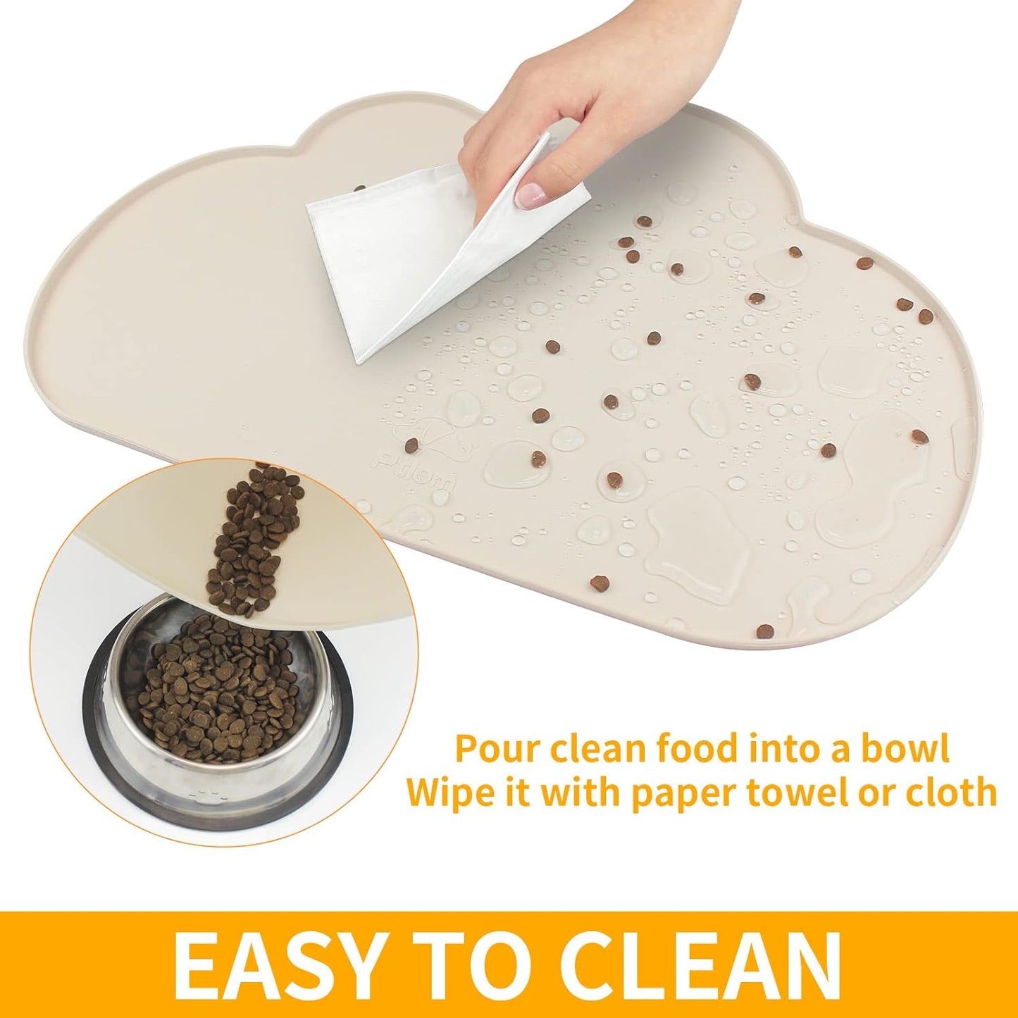 Ptlom Silicone Pet Placemat for Dogs and Cats, Non-Slip Waterproof Dog Feeding Bowl Mats for Food and Water, Small Medium Large Pet Puppy Tray Mat Prevent Residues from Spilling onto The Floor, Beige